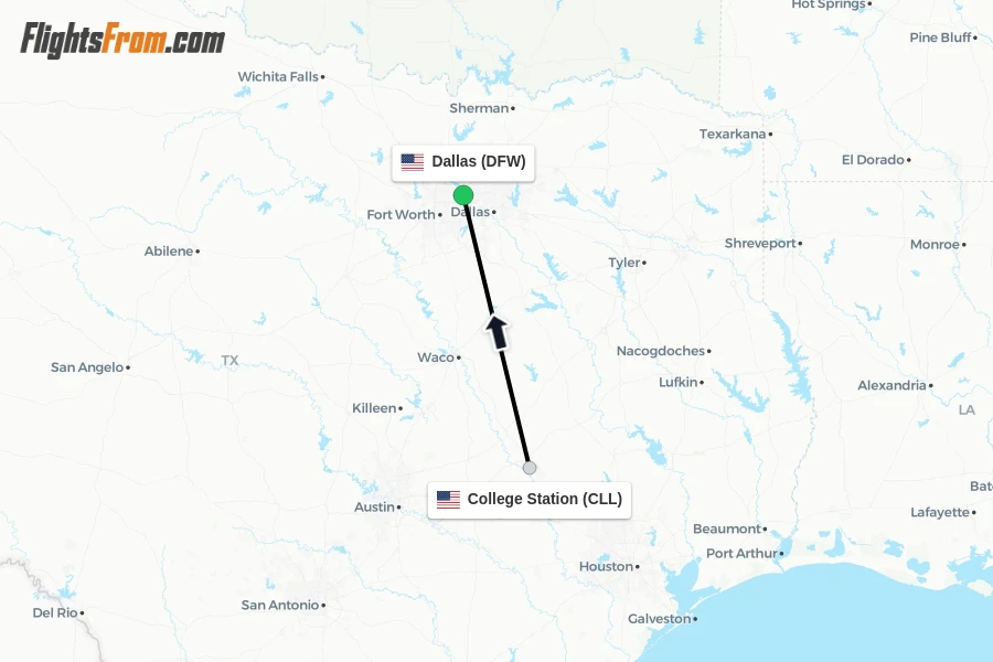 Flights from College Station to Dallas route map