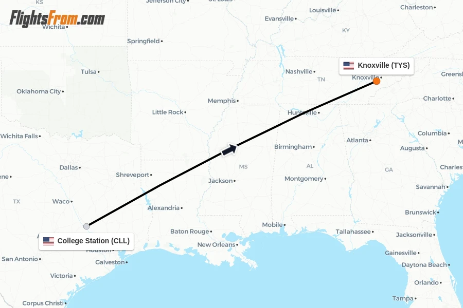 Flights from College Station to Knoxville route map
