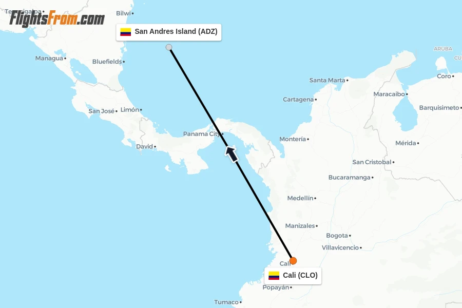 Flights from Cali to San Andres Island route map
