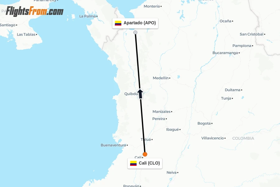 Flights from Cali to Apartado route map