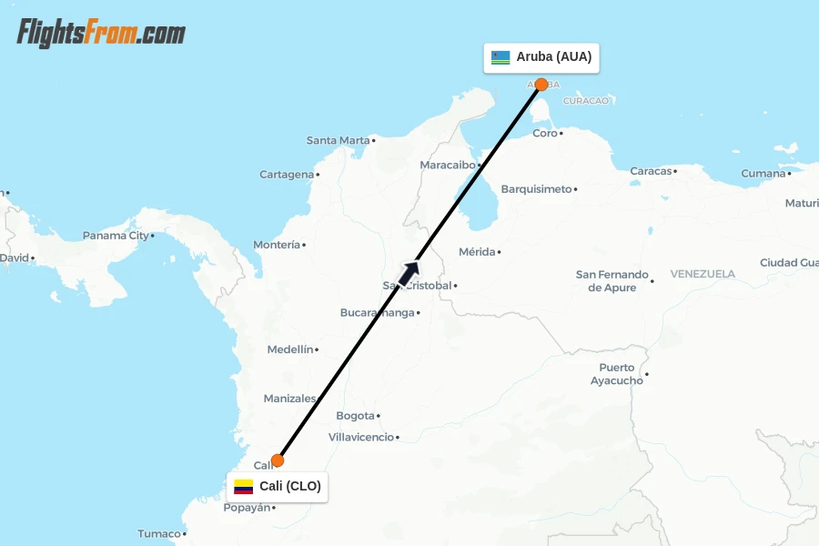 Flights from Cali to Aruba route map