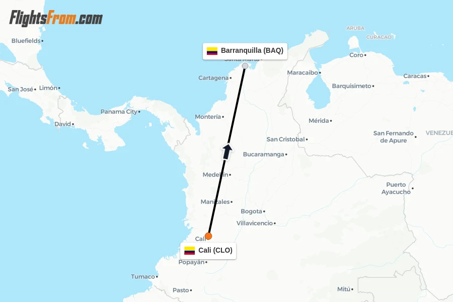 Flights from Cali to Barranquilla route map