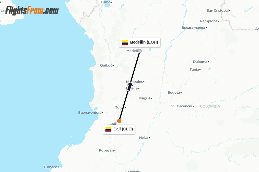 Flights from Cali to Medellin route map