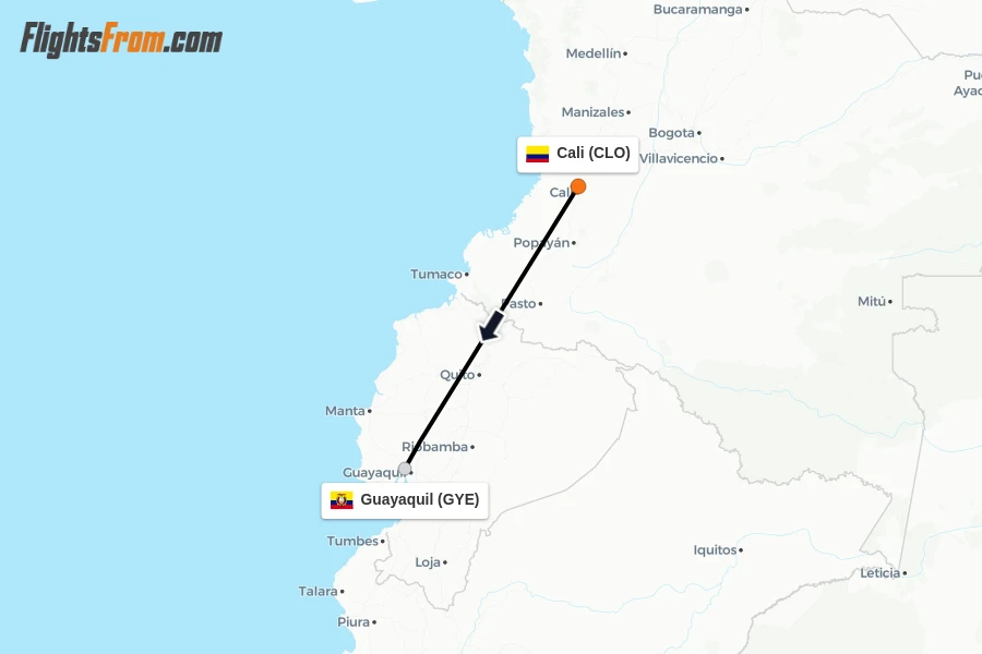 Flights from Cali to Guayaquil route map
