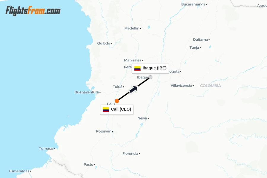 Flights from Cali to Ibague route map