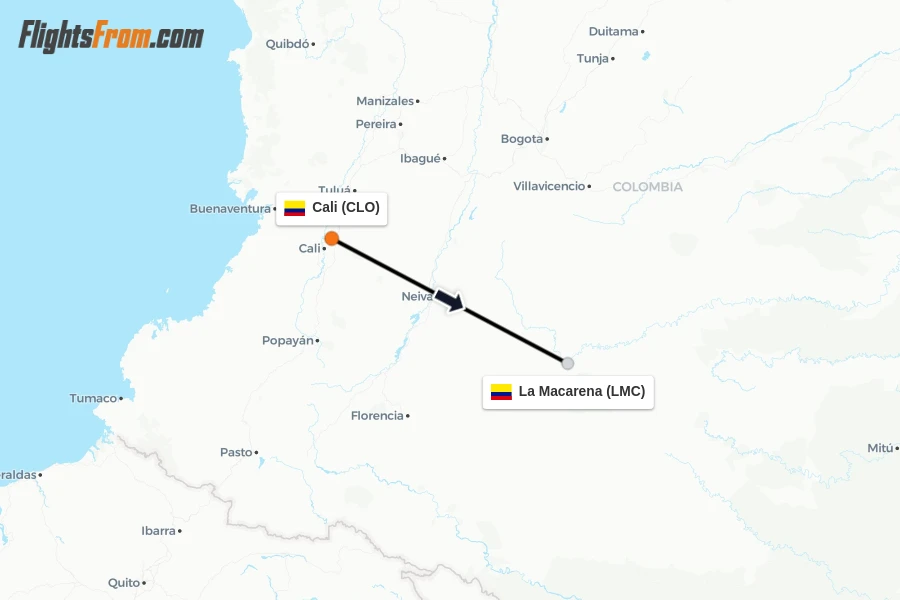 Flights from Cali to La Macarena route map