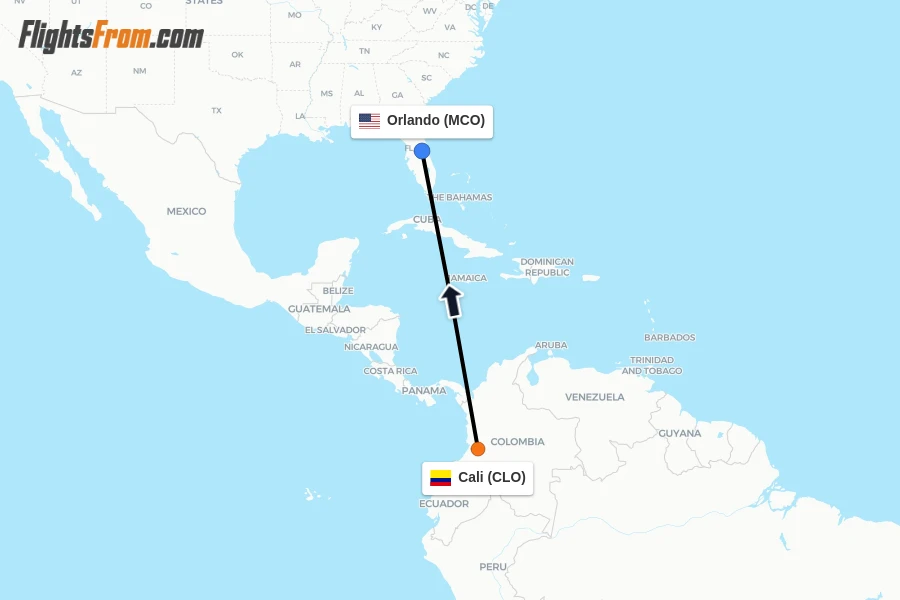 Flights from Cali to Orlando route map