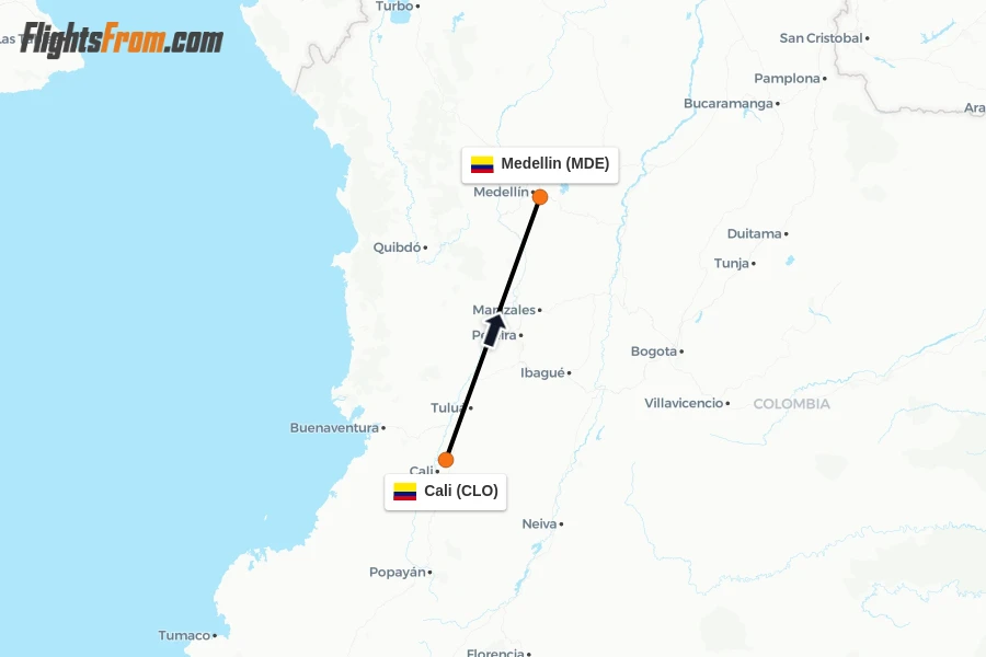 Flights from Cali to Medellin route map