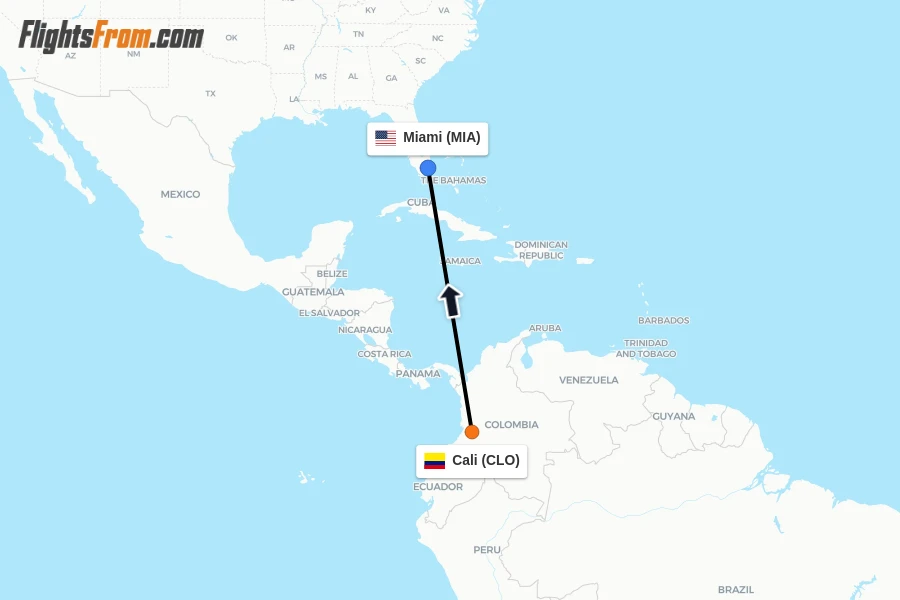 Flights from Cali to Miami route map