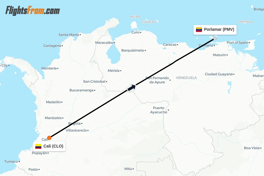 Flights from Cali to Porlamar route map