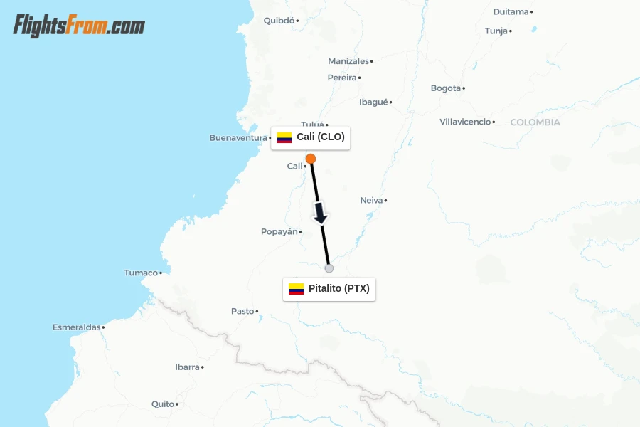 Flights from Cali to Pitalito route map