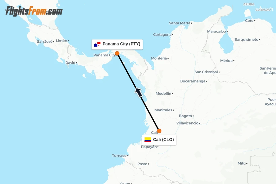 Flights from Cali to Panama City route map