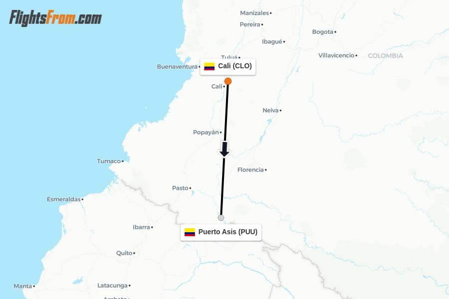 Flights from Cali to Puerto Asis route map