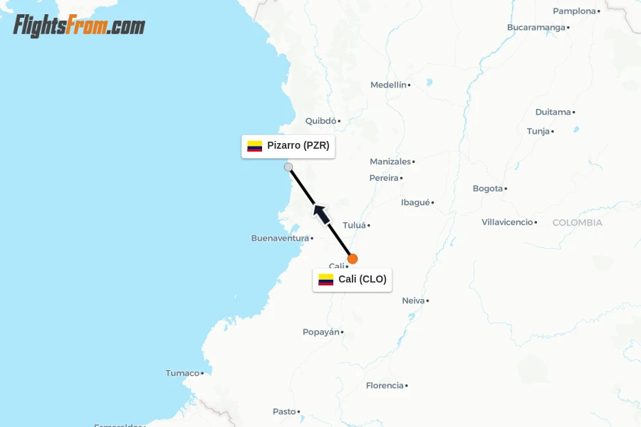 Flights from Cali to Pizarro route map