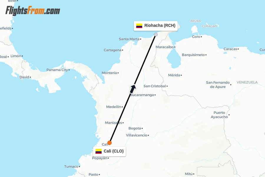Flights from Cali to Riohacha route map