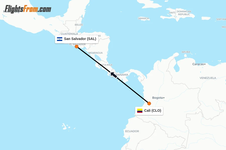 Flights from Cali to San Salvador route map