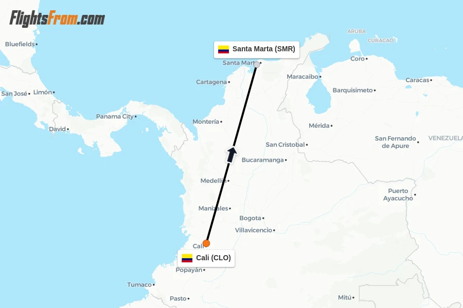Flights from Cali to Santa Marta route map