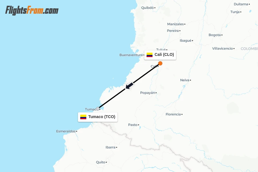 Flights from Cali to Tumaco route map
