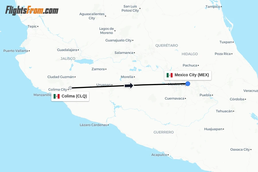 Flights from Colima to Mexico City route map