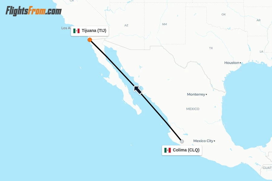 Flights from Colima to Tijuana route map