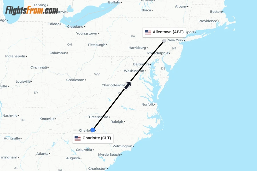 Flights from Charlotte to Allentown route map