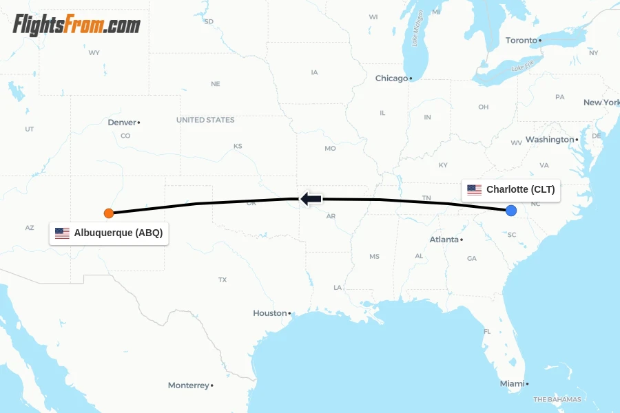 Flights from Charlotte to Albuquerque route map