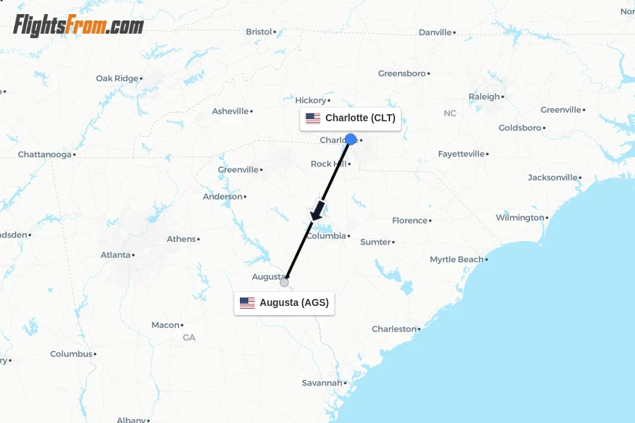 Flights from Charlotte to Augusta route map