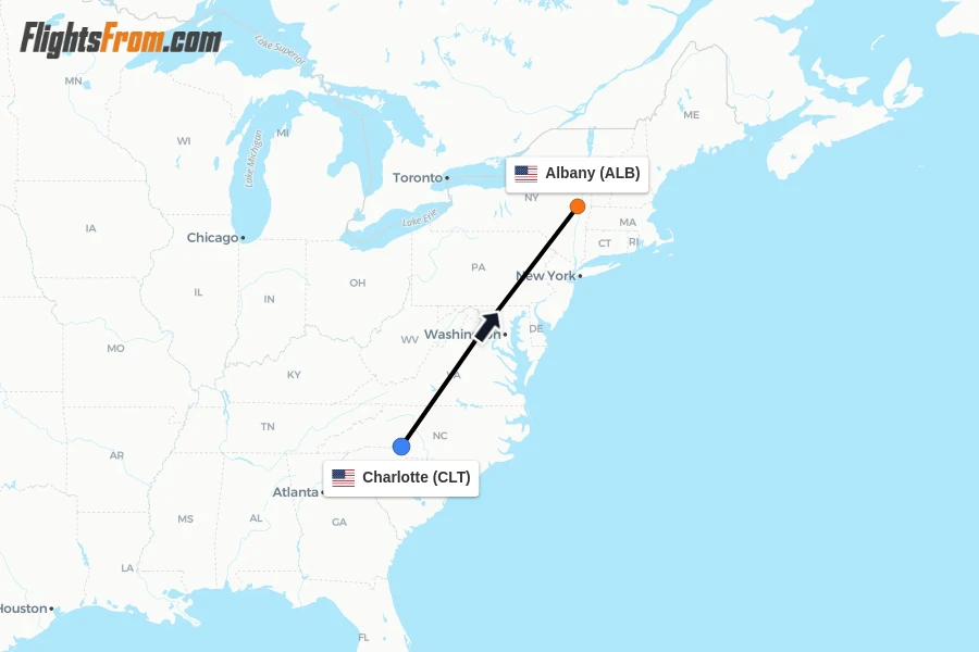 Flights from Charlotte to Albany route map