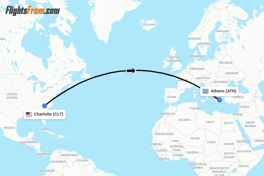 Flights from Charlotte to Athens route map