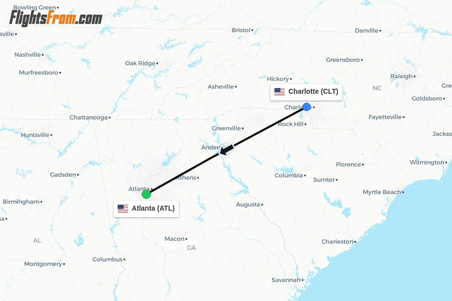 Flights from Charlotte to Atlanta route map