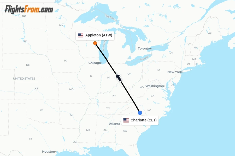 Flights from Charlotte to Appleton route map