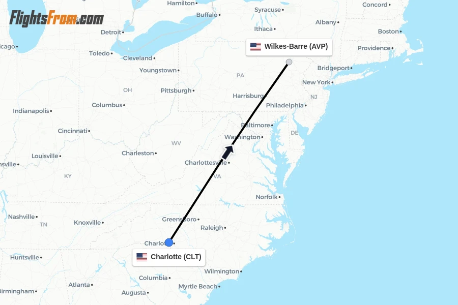 Flights from Charlotte to Wilkes-Barre route map