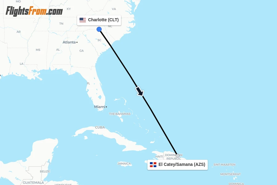 Flights from Charlotte to El Catey/Samana route map