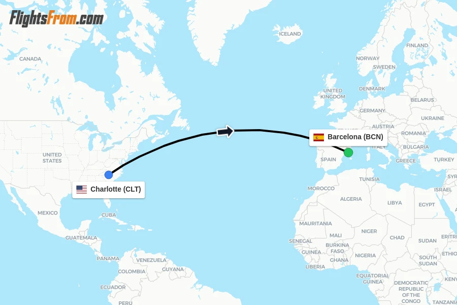 Flights from Charlotte to Barcelona route map