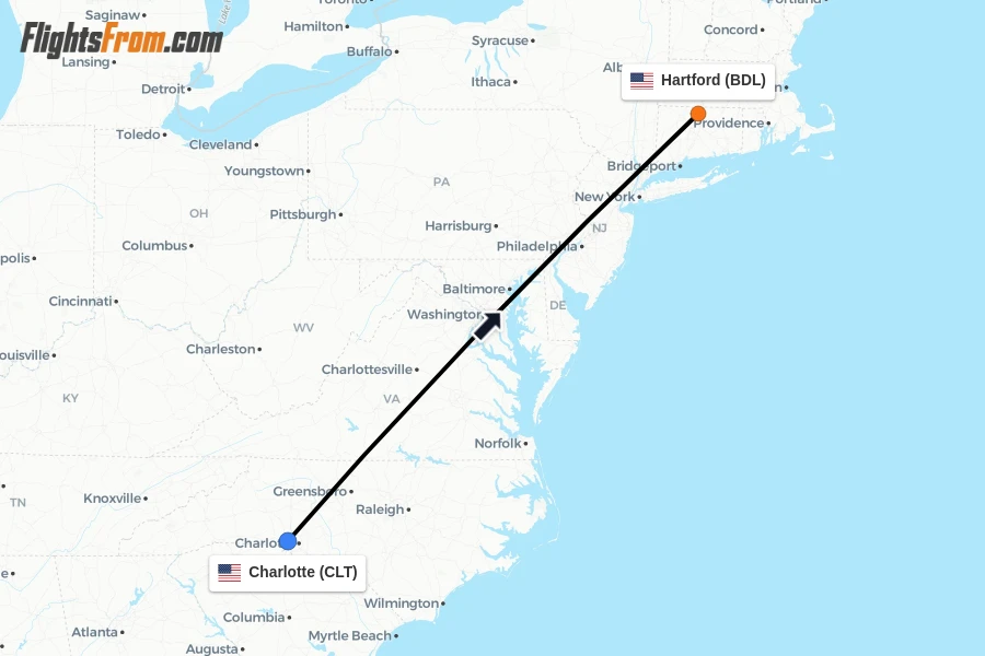 Flights from Charlotte to Hartford route map