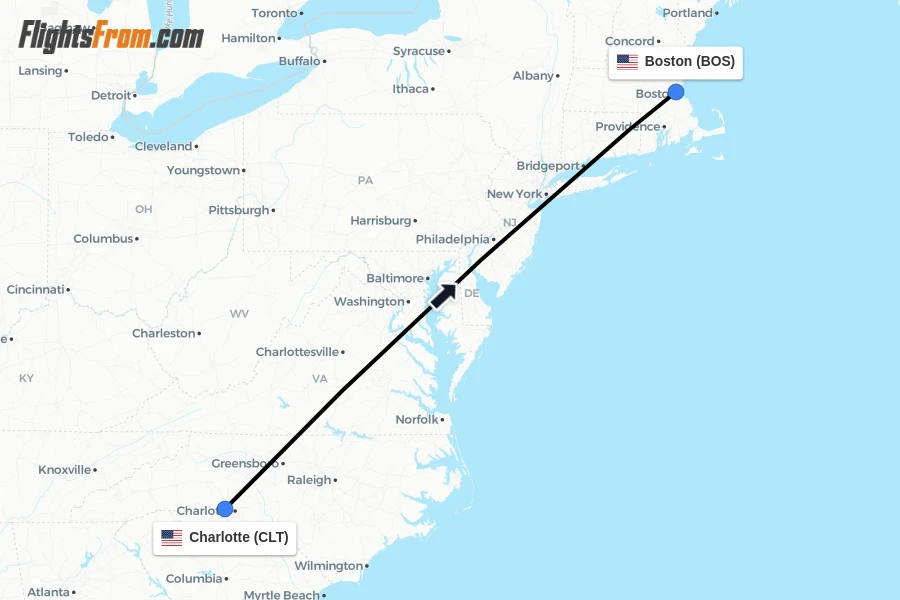 Flights from Charlotte to Boston route map