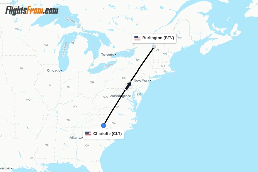 Flights from Charlotte to Burlington route map