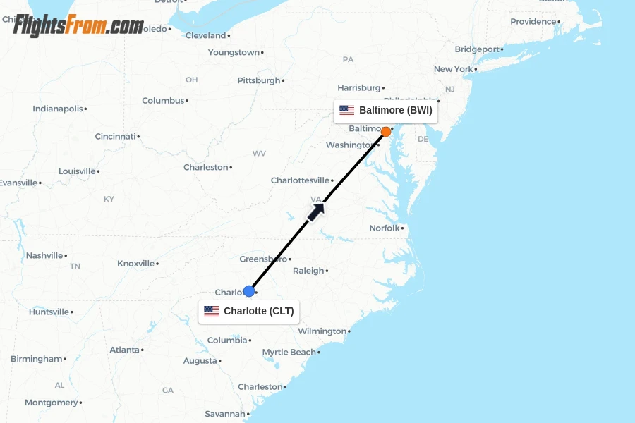 Flights from Charlotte to Baltimore route map