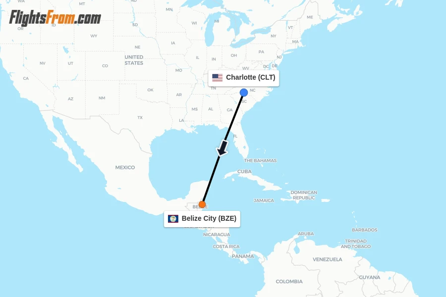 Flights from Charlotte to Belize City route map