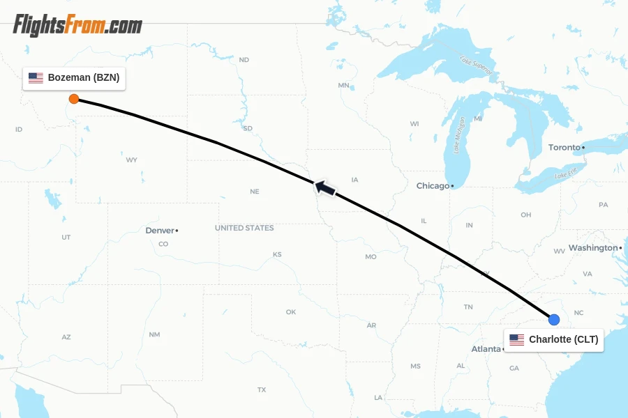 Flights from Charlotte to Bozeman route map