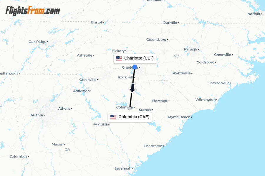 Flights from Charlotte to Columbia route map