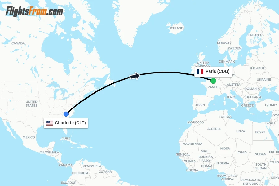 Flights from Charlotte to Paris route map