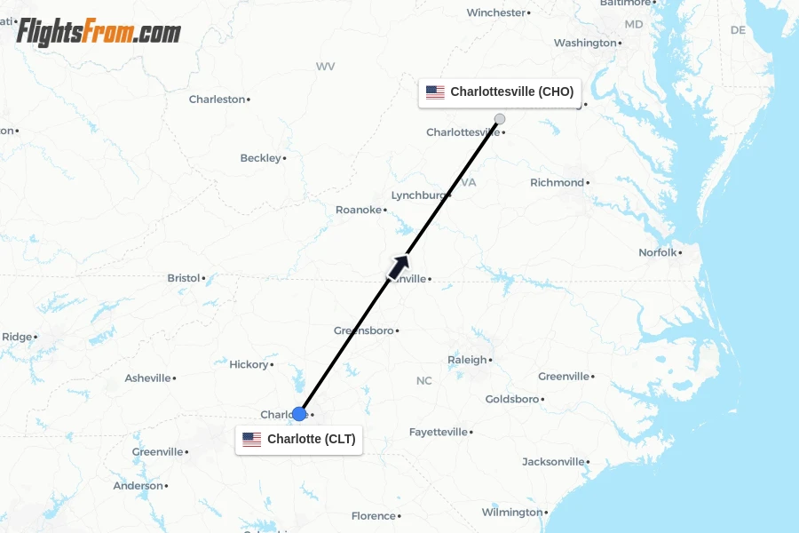 Flights from Charlotte to Charlottesville route map