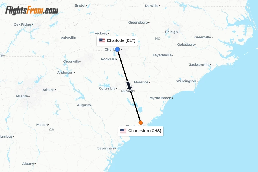 Flights from Charlotte to Charleston route map