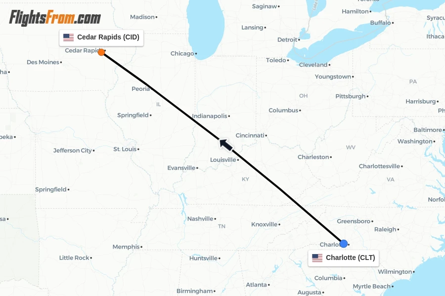 Flights from Charlotte to Cedar Rapids route map