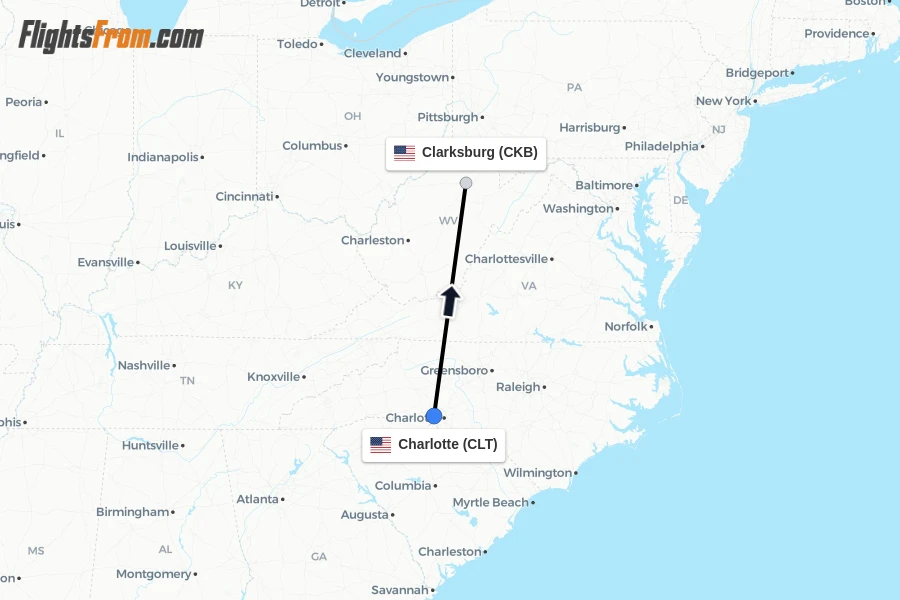 Flights from Charlotte to Clarksburg route map