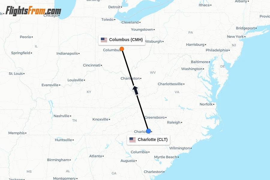 Flights from Charlotte to Columbus route map
