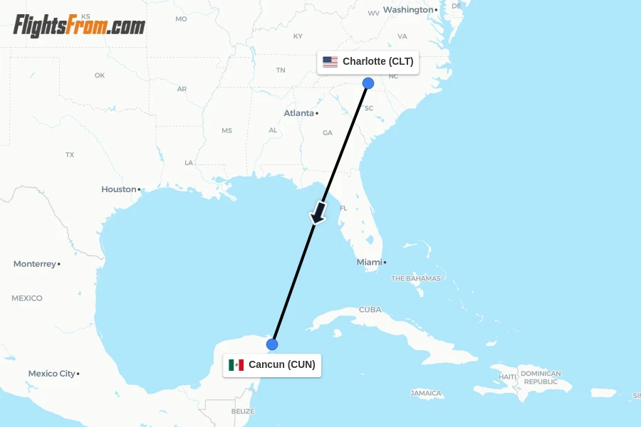 Flights from Charlotte to Cancun route map