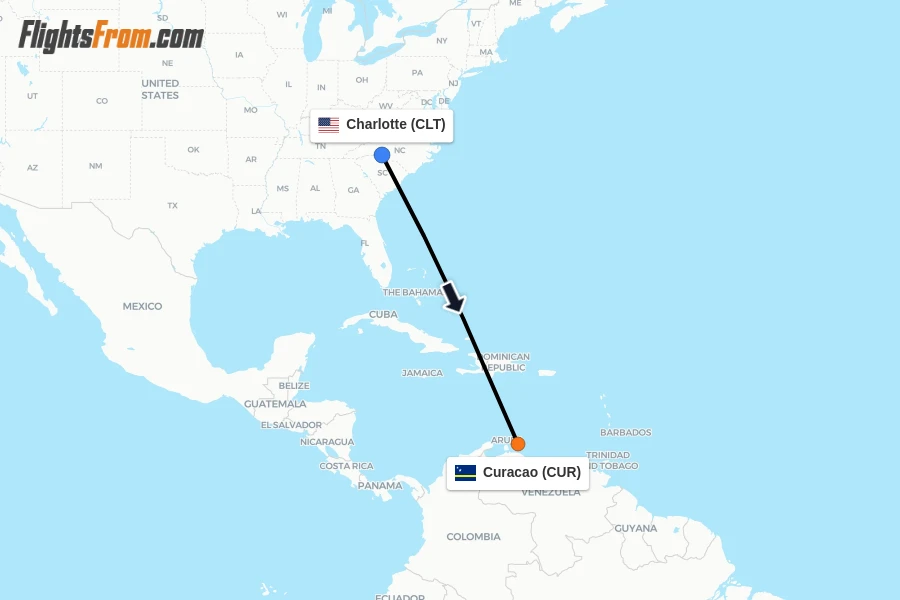 Flights from Charlotte to Curacao route map
