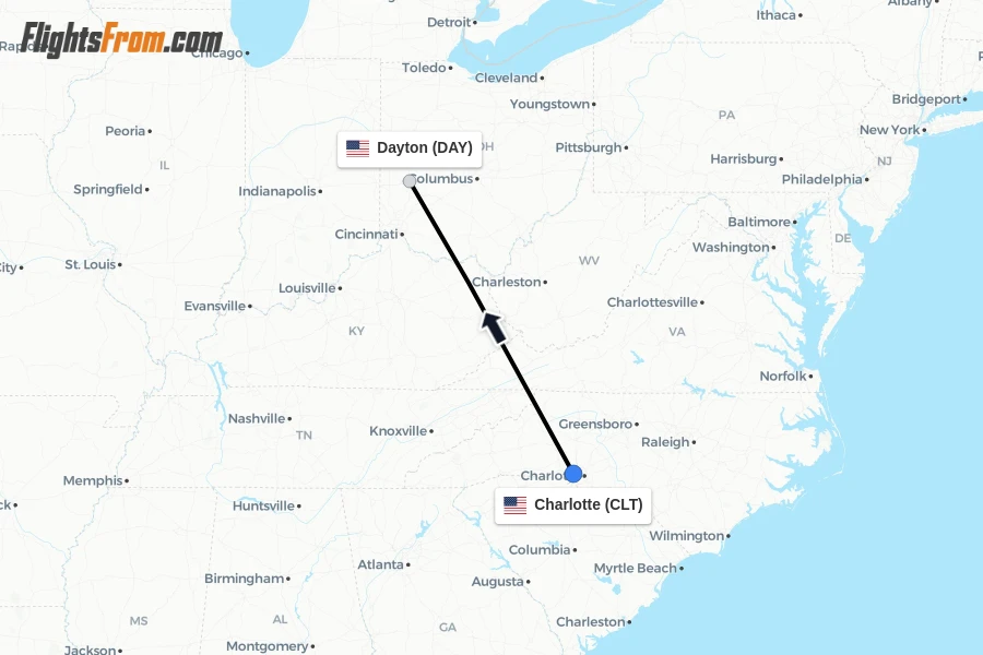 Flights from Charlotte to Dayton route map